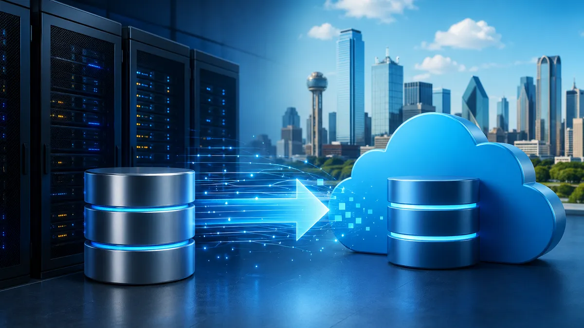 SQL Server to Azure migration hero: Dallas skyline with cloud savings graph showing 40% cost reduction