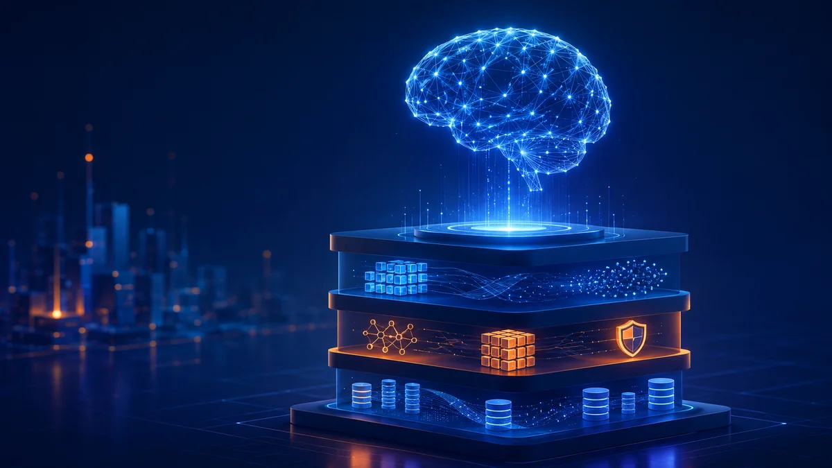 AI brain supported by data foundation blocks labeled data quality, integration, governance, and trust.