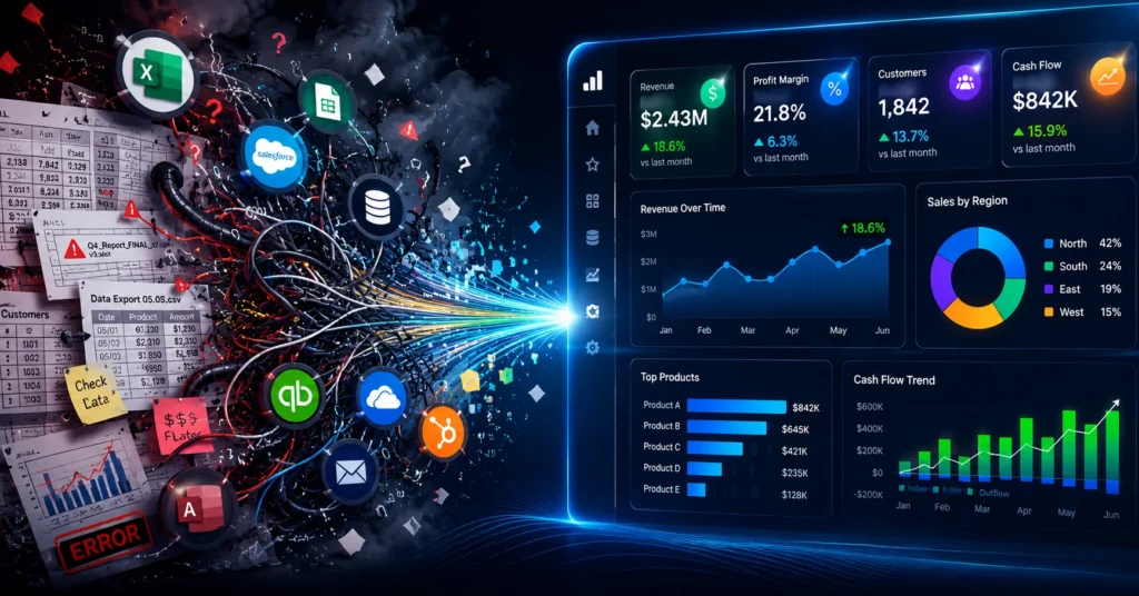 Business data transformation from disconnected spreadsheets and software systems into a unified executive dashboard with KPIs, analytics, and reporting insights.