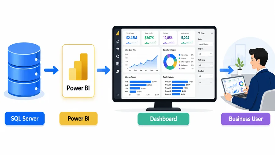 Power BI dashboard connected to SQL Server displaying live business KPIs for a Dallas-area company