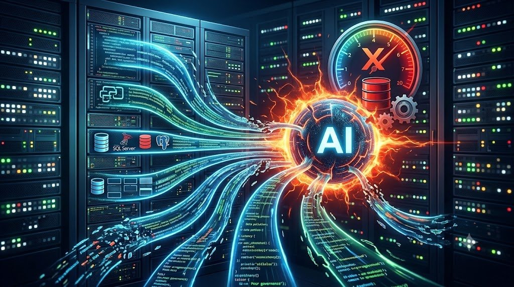 Abstract visualization of artificial intelligence analyzing enterprise database infrastructure with Dallas skyline in the background.