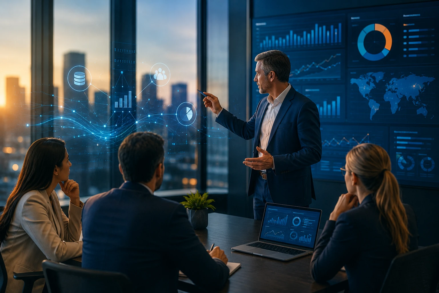 Business executives reviewing analytics dashboards and enterprise data strategy with modern business intelligence visualizations.