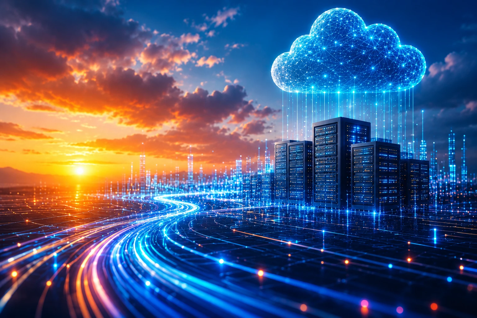 Modern enterprise data platform with cloud computing, AI, data integration, analytics, and secure digital infrastructure representing Microsoft Fabric, Databricks, Snowflake, and modern data architecture.