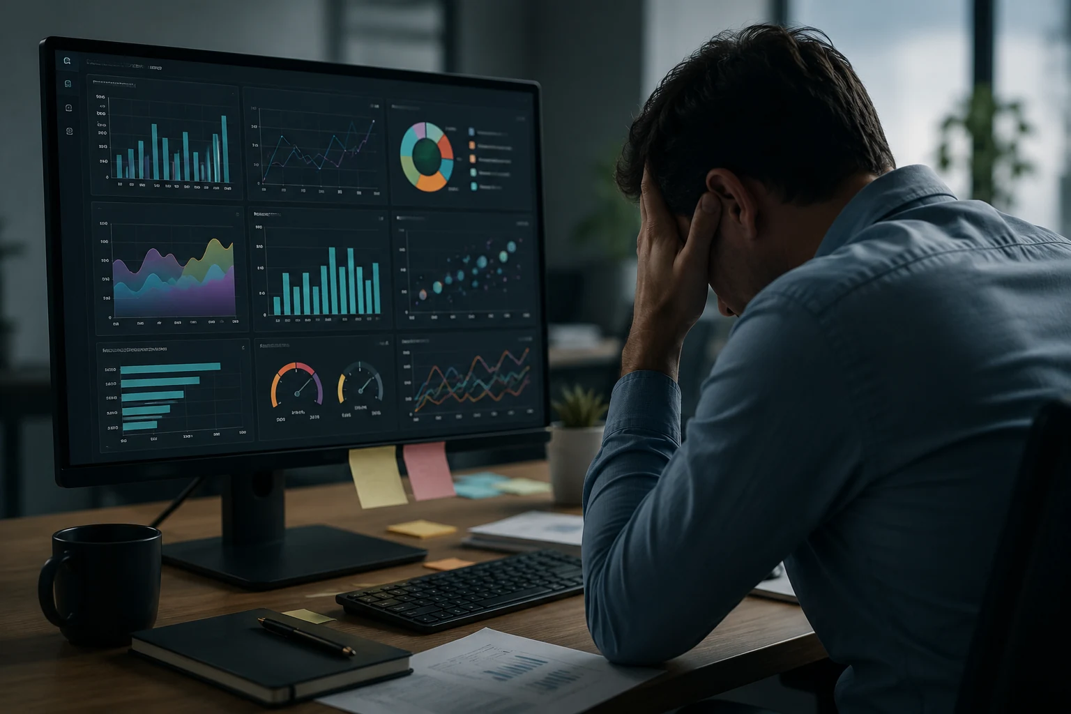 Business professional frustrated with an overloaded data analytics dashboard