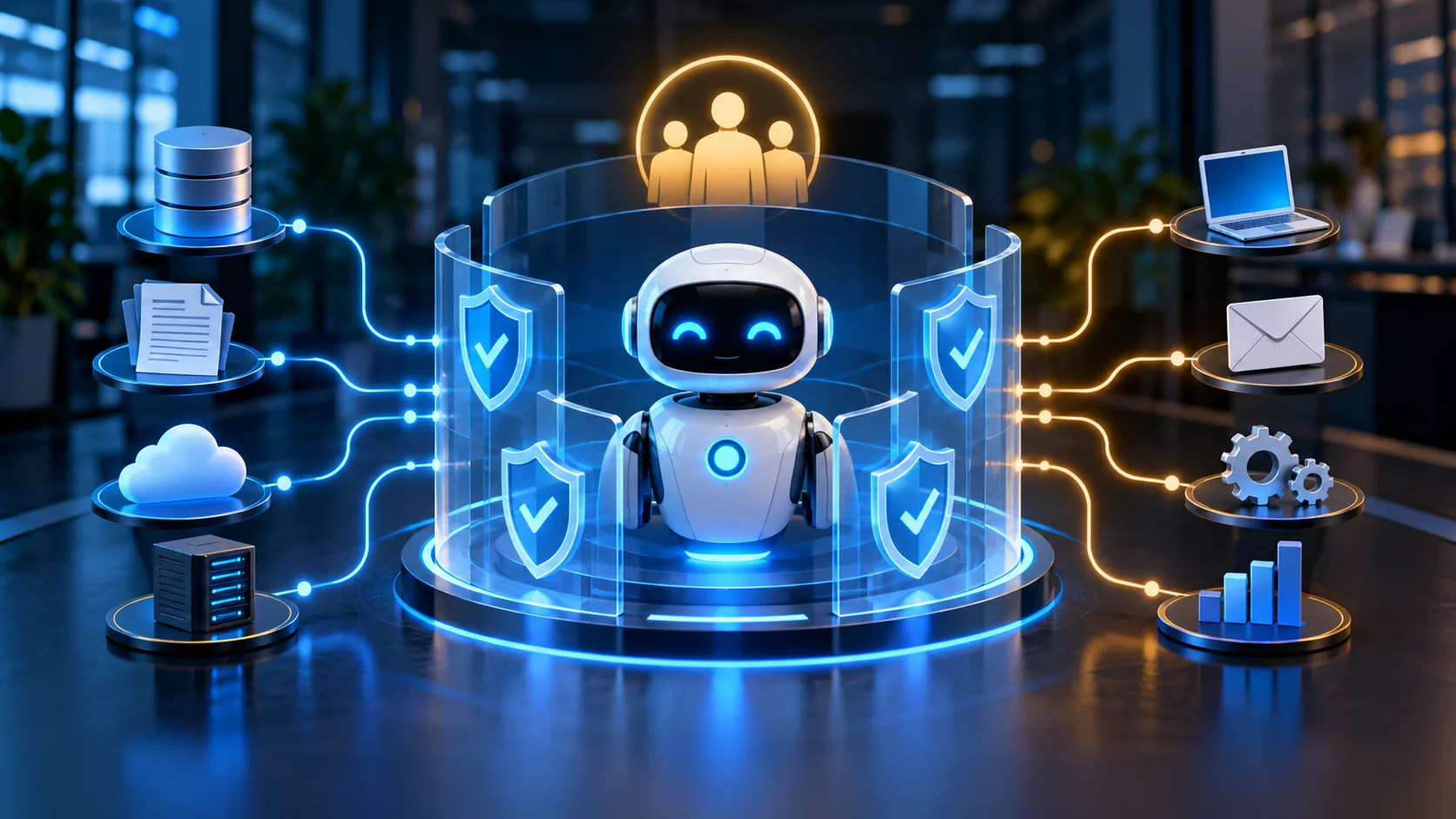 AI agent protected by security guardrails while connecting to enterprise data and business systems